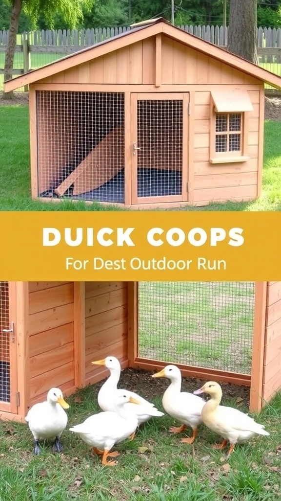 A cozy duck coop with a run, designed for six ducks, set in a grassy yard.